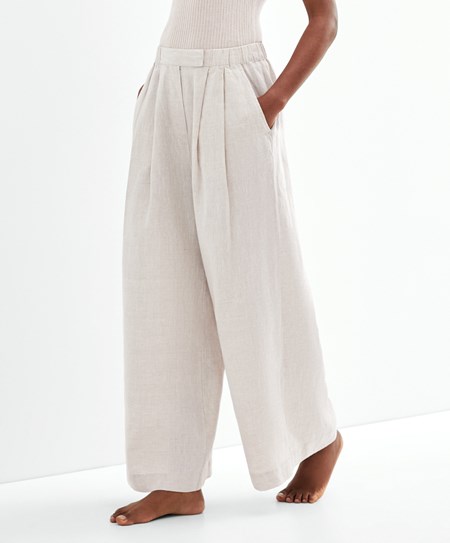 Sand Melange Oysho Relaxed-fit 100% Linen Trousers | EWGB68409