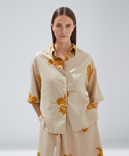 Sand Oysho Bead Embroidery Short-sleeved Linen Shirt | MSHR21058