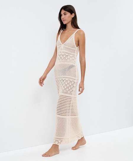 Sand Oysho Textured Crochet Long Dress | FWST51670