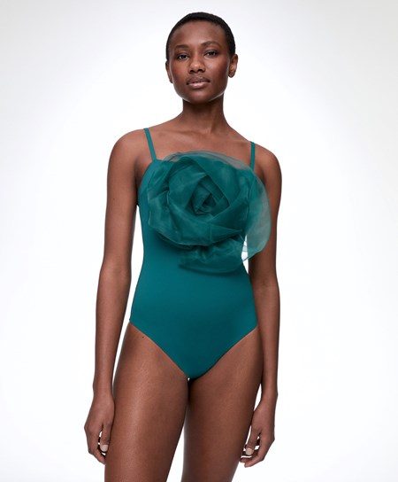 Sapphire Green Oysho Floral Organza Swimsuit | QWCR89732