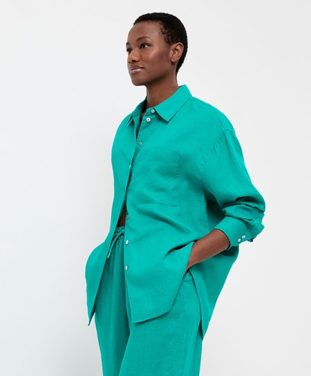 Turquoise Green Oysho 100% Linen Long-sleeved Shirt | ASNW14052