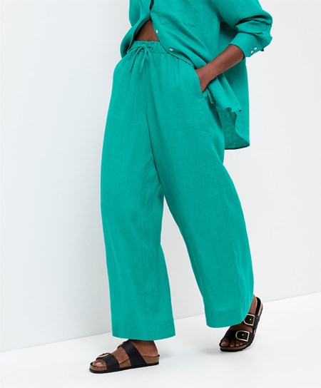 Turquoise Green Oysho 100% Linen Wide Straight-leg Trousers | CQAB45279