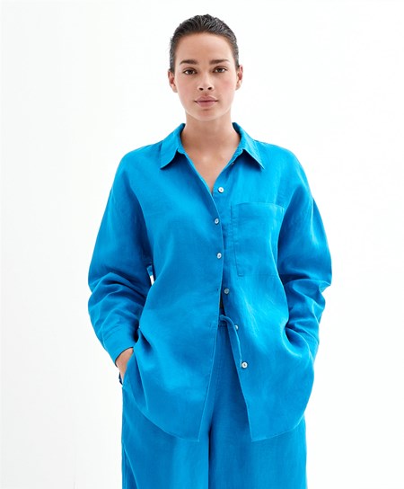 Turquoise-blue Oysho 100% Linen Long-sleeved Shirt | EPZU54832