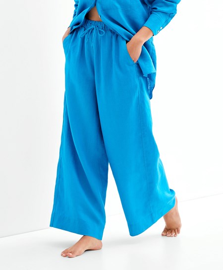 Turquoise-blue Oysho 100% Linen Wide Straight-leg Trousers | OEXH29857