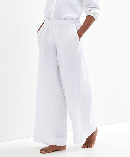 White Oysho 100% Linen Wide Straight-leg Trousers | DOVC02564