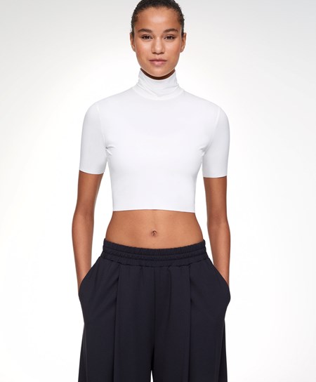 White Oysho Cropped T-shirt With Raised Neck | CVEZ35427