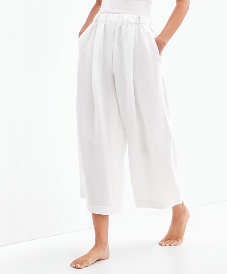 White Oysho Linen Crop Trousers | SDFL40936