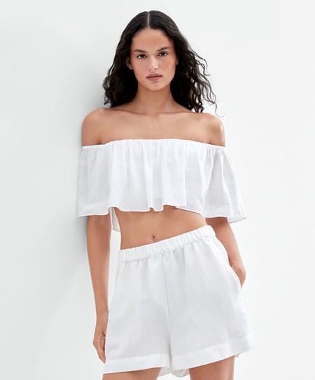 White Oysho Linen Off-shoulder Top | CIWH63095