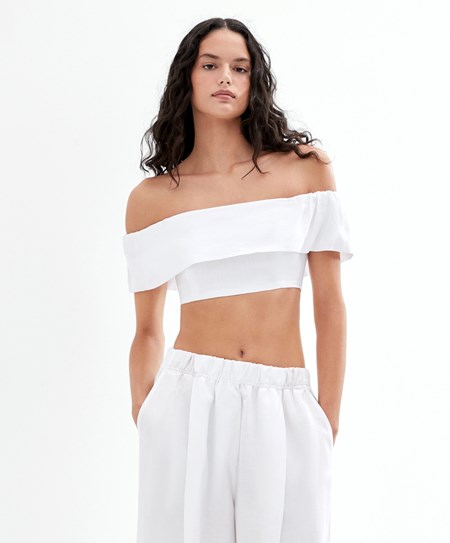 White Oysho Linen Off-shoulder Top | PZBL91784