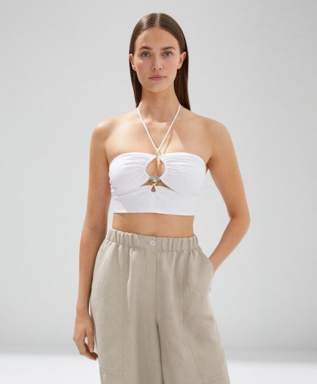 White Oysho Linen Strappy Top With Stone Details | VZCL80974