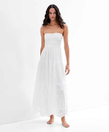 White Oysho Long Dress In 100% Cotton Broderie Anglaise | FUJR62439