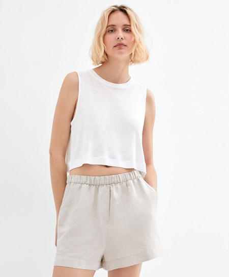 White Oysho Sleeveless Linen T-shirt | OEHL40932